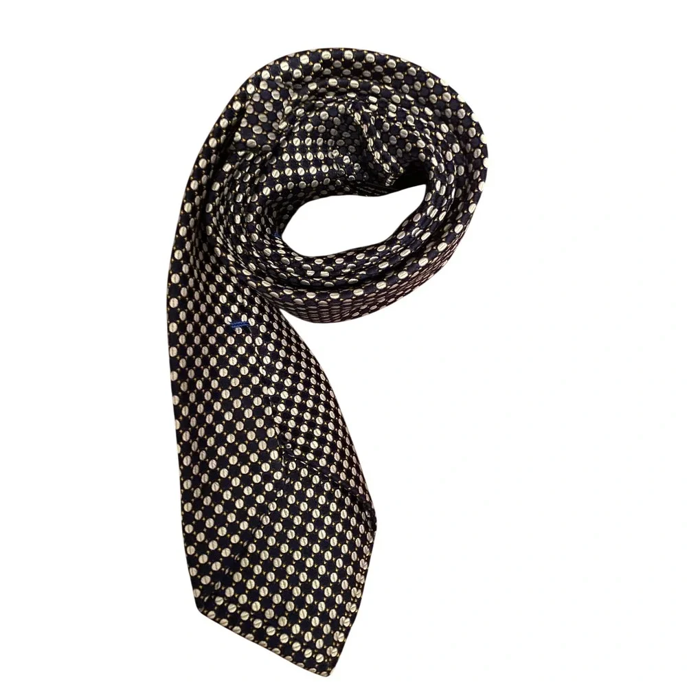Black Saks Fifth Avenue Mens Silk Tie Navy  Geometric Circle‎ Pattern 100% Silk